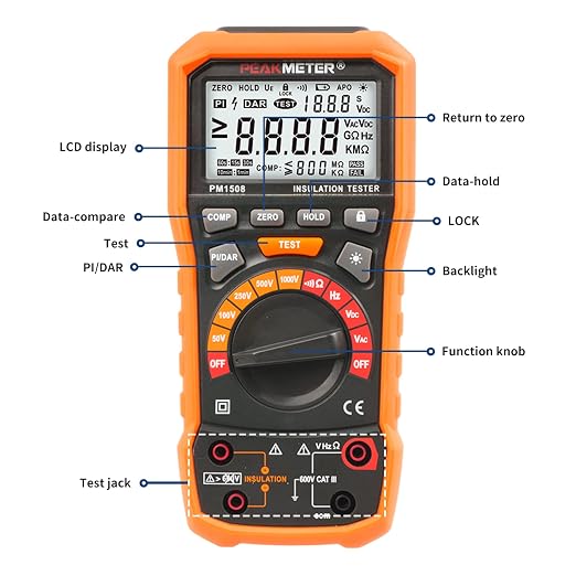 Digital Megohmmeter, Insulation Resistance Tester, 50V/100V/250V/500V/1000V for Electrical Equipment and Insulating Resistance Up to 100GΩ with PI/DAR, Frequency and Low Voltage Test