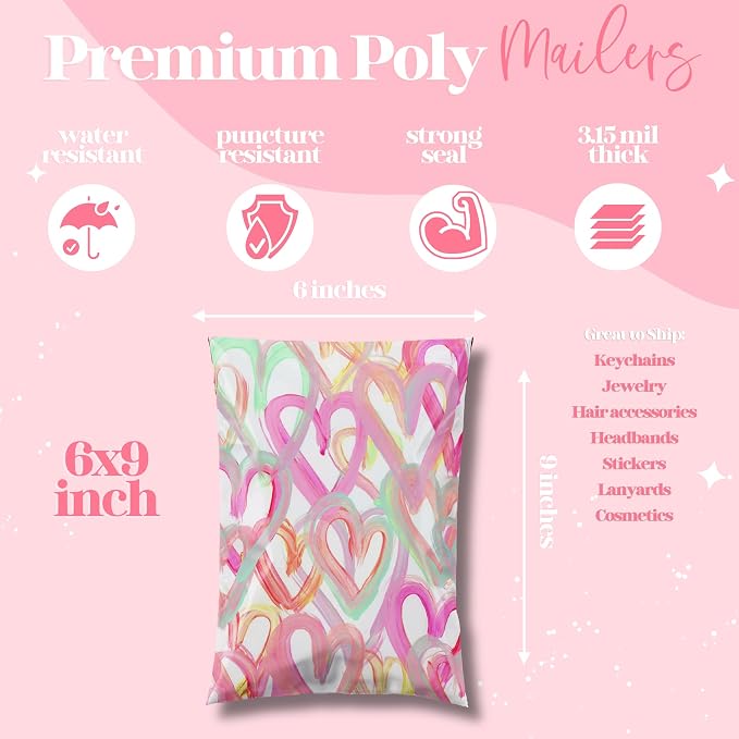 Pretty Package Store Poly Mailer 6x9, 100 Pack, Happy Hearts | Heavy Duty, Waterproof, Self Seal, Tear Resistant, Shipping Bags for Small Business Packaging, Bulk Mailing Envelopes