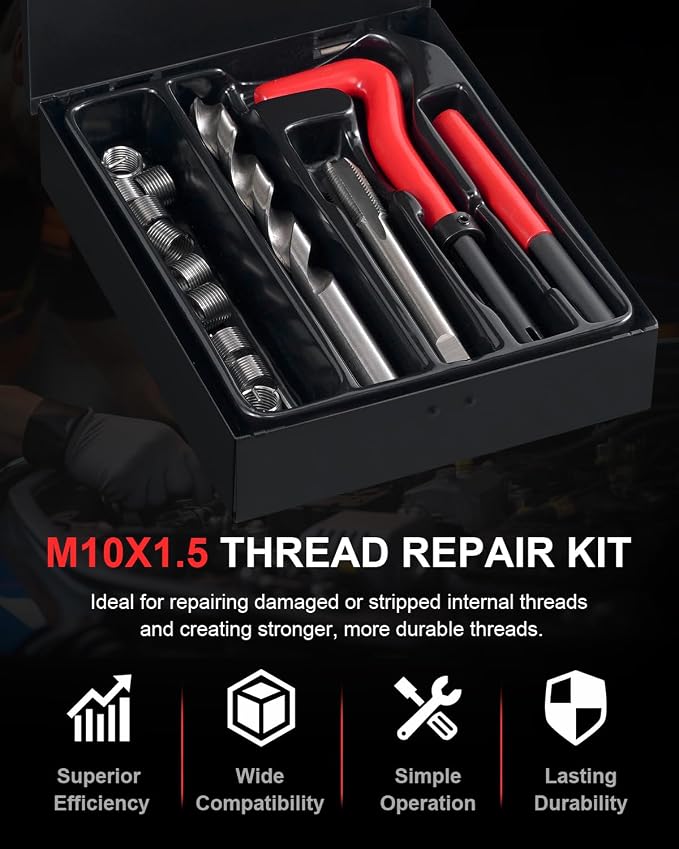 Kolvoii M10×1.5 Helicoil Thread Repair Kit, Metric M10 Helicoil kit with HSS Drill Bit, Tap & Stainless Steel Inserts for General Automotive & Industrial Stripped Thread Repair