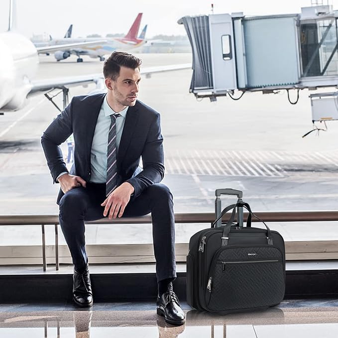 EMPSIGN Rolling Laptop Bag, 15.6 Inch Roller Briefcase with Wheel, Rolling Underaeat Computer Bag with Water-Proof RFID Pockets for Travel Business Work-Quilted Black