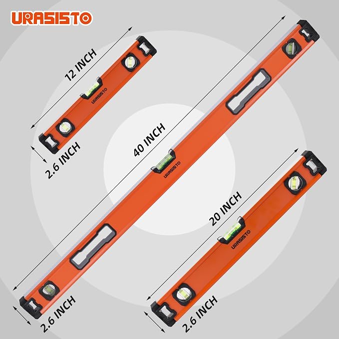 URASISTO 3-Piece Spirit Level Set, 12", 20", 40" Level Set with Magnetic Torpedo Level, 45°/90°/180°Bubbles Measuring, Aluminium Alloy Levels with Carrying Bag