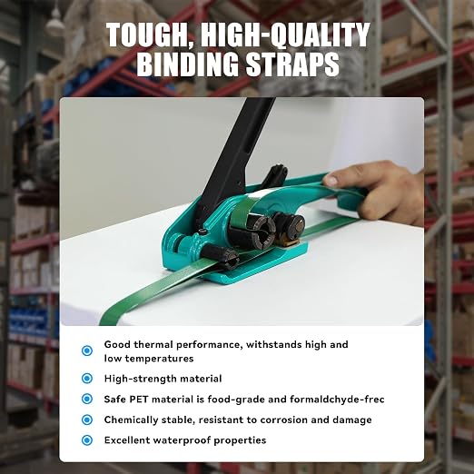 Heavy Duty Banding Strapping kit Contain 5/8"x 1000' Polyester (PET) Packaging Straps & 200 Metal Seals 100 Plastic Edge Protectors Tensioner with Cutter Sealer Tool