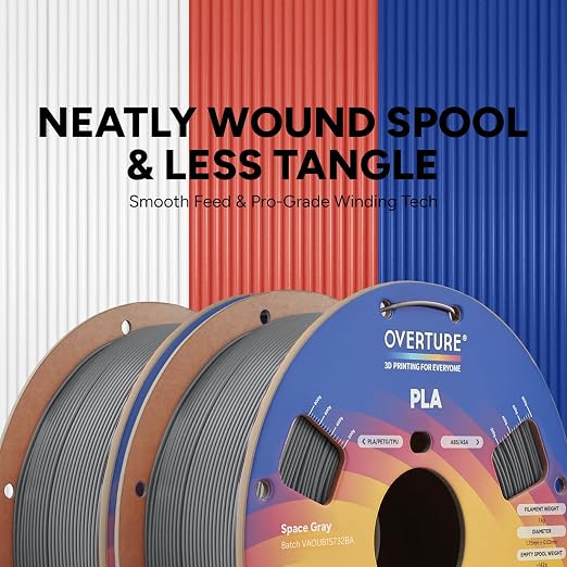 OVERTURE 2KG Bundle High Speed PLA Filament 1.75mm, Neatly Wound 3D Printer Filament 2 Pack 1kg Spool (2.2lbs) Rapid PLA, Fit Most FDM 3D Printers (Space Grey 2-Pack)