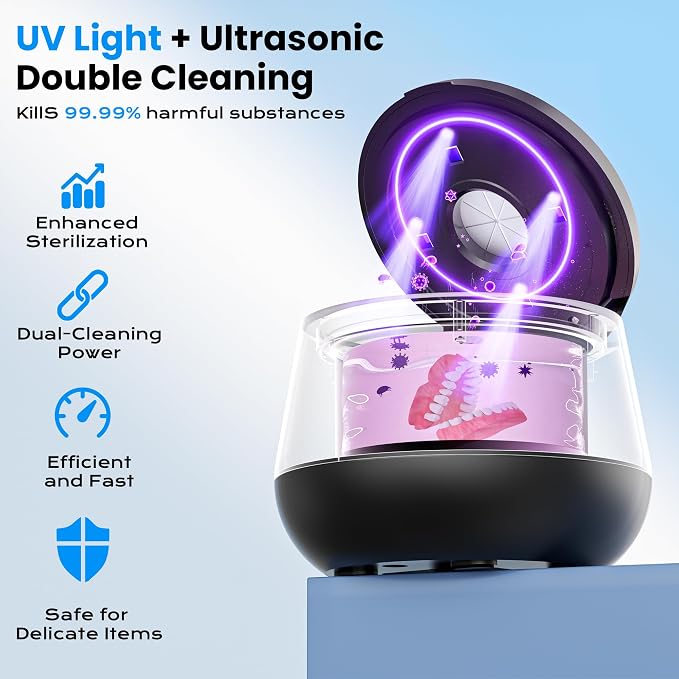 45kHz Ultrasonic Retainer Cleaner, 200ML Dental Cleaning Pod for Dentures, Mouth Guards, Braces, Aligner, Toothbrush Jewelry and More, UV Denture Cleaner with 4 Modes dental care