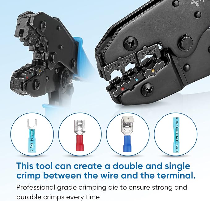 TICONN Crimping Tool for Heat Shrink Connectors - Ratcheting Wire Crimper - Crimping Pliers - Ratchet Terminal Crimper - Wire Crimp Tool (30C, Blue)