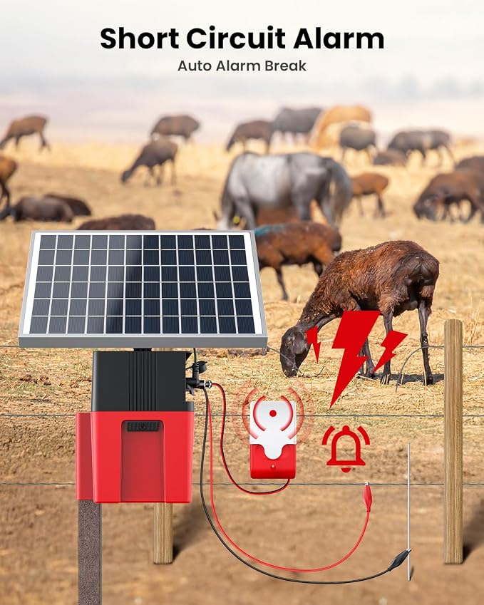 Solar-Powered Electric Fence Charger with Alarm,1.2 Joule Output, Up to 20 Miles Coverage,12000mAh Battery &10W Solar Panel Energizer for Livestock & Predator Deterrence