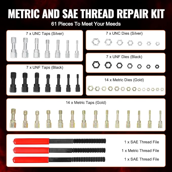 VEVOR Thread Restorer Kit 61Piece Thread Chaser Set - UNC UNF and Metric Thread Restorer Tool wit Thread Files Storage Case - Heat Treated Steel for Mechanics DIY Enthusiasts