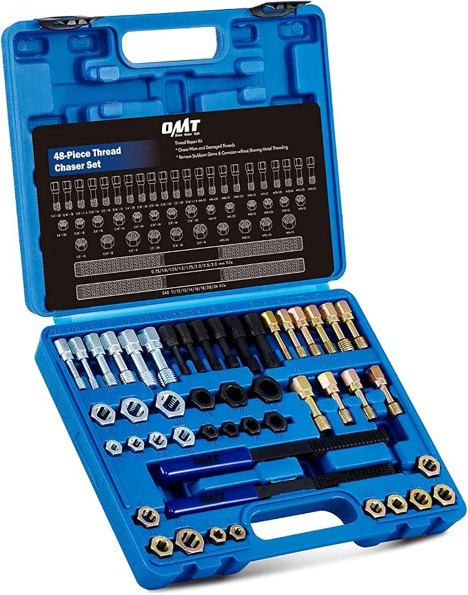 Orion Motor Tech 49 Piece Thread Chaser Set, Metric and SAE Thread Repair Kit with 22 Taps 24 Dies 3 Thread Files, Universal Rethreading Kit Thread Restorer Tool Set in UNC UNF Metric Sizes with Case