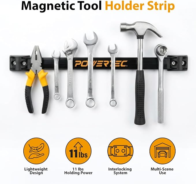 POWERTEC 12 Inch Magnetic Tool Holder Strip (8-Pack), Heavy Duty Metal Magnet Bar Organizer for Garage, Workshop and Kitchen, Wall Mount Storage Rack with Screws
