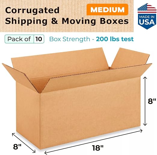 Medium Shipping & Moving Boxes 18x8x8 inches (10-Pack) - Extra Strength 200 lb vs Regular - USA-Made Corrugated Medium Moving Boxes - Packing Box for USPS, UPS, FedEx - Heavy Duty Box by IDL Packaging
