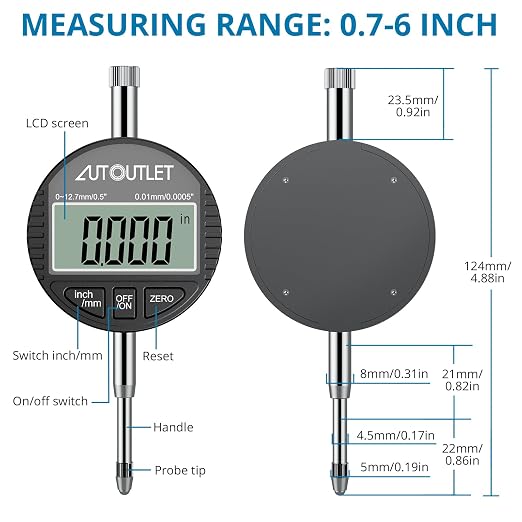 AUTOUTLET Digital Dial Bore Gauge, 0.7"-6" Measurement Range, 0.0005" Precision Dial Bore Gauge with 23Pcs Anvils & ABS Storage Case, 6” Deep Hole Measurement for Cylinder, Engine, Machining
