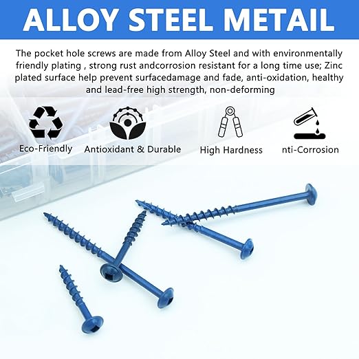 350 PCS Pocket Hole Screws Assortment Kit, 5 Sizes #8 x 1, 1-1/4", 1-1/2", 2", 2-1/2",Square Drive Self Tapping Coarse Thread Wood Screws Set, Blue Coated, Drive Bit Included Suitable for Outdoor