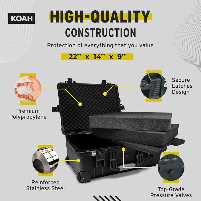 Koah 22x14x9 Weatherproof Wheeled Hard Case with Custom Foam | Watertight, Dust- and Crushproof Shell 22x14x9, Customizable Foam, Retractable Handle, Trolley Wheels, 1-Yr Warranty