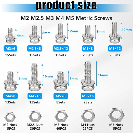 mxuteuk 500PCS Nut and Bolt Assortment Kit,M2 M2.5 M3 M4 M5 Machine Screws,304 Stainless Steel Small Metric Screw and Nuts for DIY Projects,Electronics,Repairs