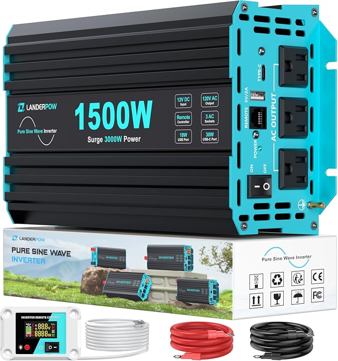 1500 Watt Pure Sine Wave Inverter, 12V DC to 120V AC Inverters for Car, RV, Truck, Home, Camping, Solar Power Inverter with 3 AC Outlet, 30W USB-C, 5V 3.1A USB, Remote Control, Surge 3000W