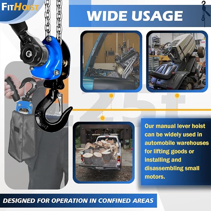Mini Chain Hoist 1/4 ton 550Lbs Capacity 5ft Lift Manual lever chain hoist Alloy Steel G80 Chain 2 Heavy Duty Hooks, for Garages Warehouse Automotive Machinery