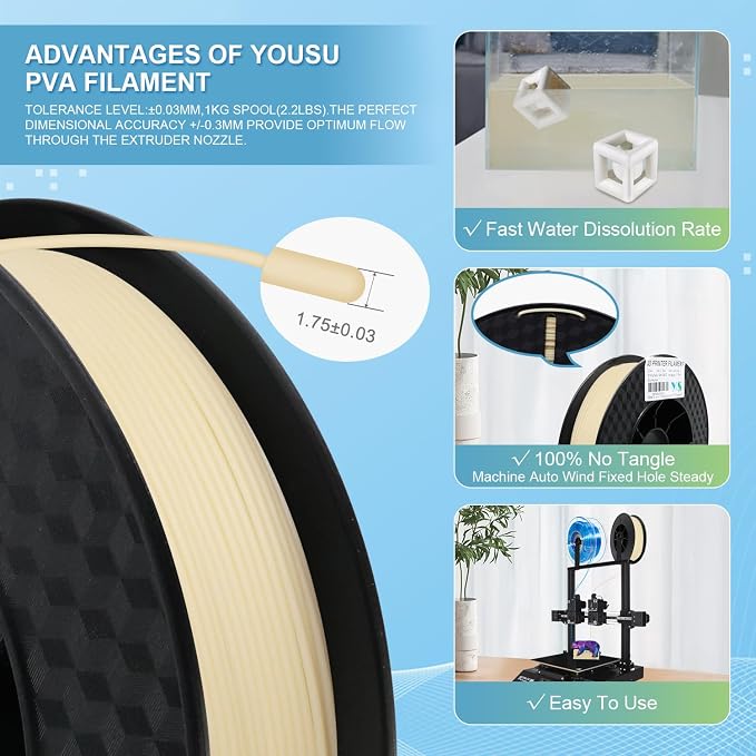 Yousu PVA Filament 1.75mm, Water Soluble Support 3D Printer Filament, 0.5kg, Natural PVA, Softens in 55-60°C Water Temperature for Easy Removal of Filament Support