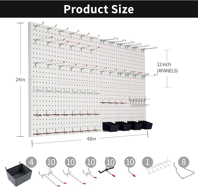 FRAYSCENT Peg Board for Wall 48x24 inch with 63 Pcs Hooks Accessories, Garage Storage Pegboard Wall Organizer, Metal Pegboard Panels with Hooks, Modular Mounted Control Peg Board Tool Organization