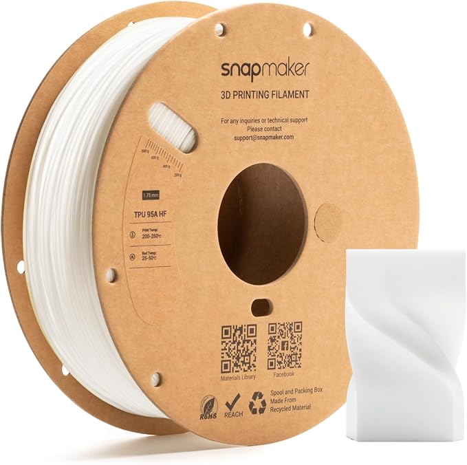 Snapmaker TPU Filament 1.75mm,TPU 95A HF 3D Printer Filament Flexible Soft with High Elasticity,High Speed Printing,Dimensional Accuracy +/- 0.03mm,1kg(2.2lbs) (White)