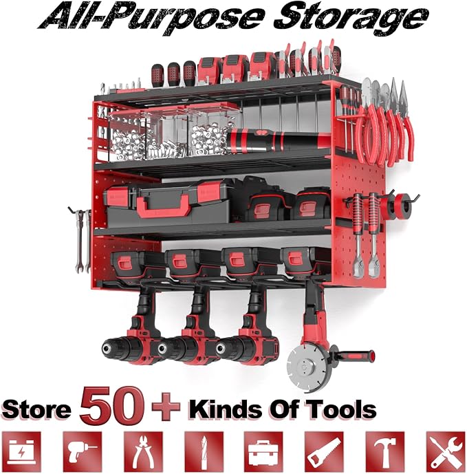 Power Tool Organizer Wall Mount, Cordless Drill Hanger Storage Rack 8 Drill Holder, 4 Layer Heavy Metal Large Capacity Tool Rack for Garage Organization (Red, 4 Drills Holder)