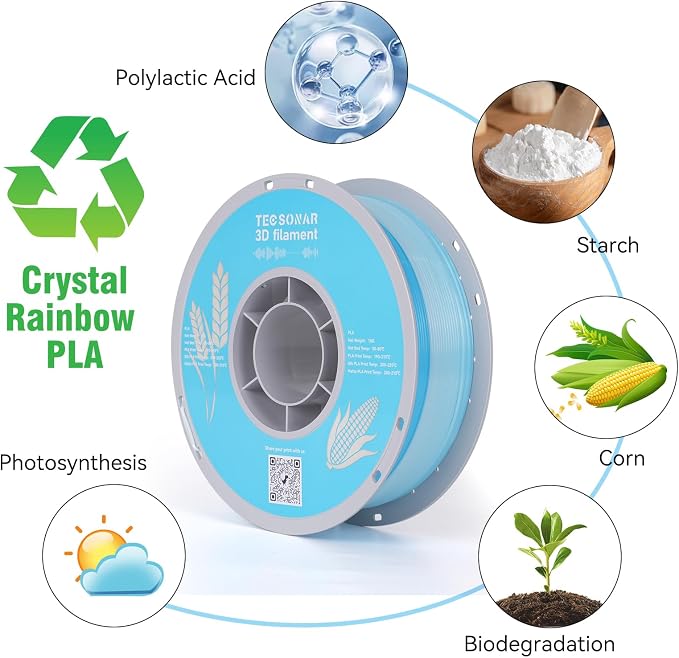 TECSONAR Crystal Rainbow PLA 3D Printer Filament, 1KG Spool(2.2lbs) 1.75mm PLA Fast Color Change 3D Printing Material,Gradient Filament for Most FDM 3D Printers,White Blue