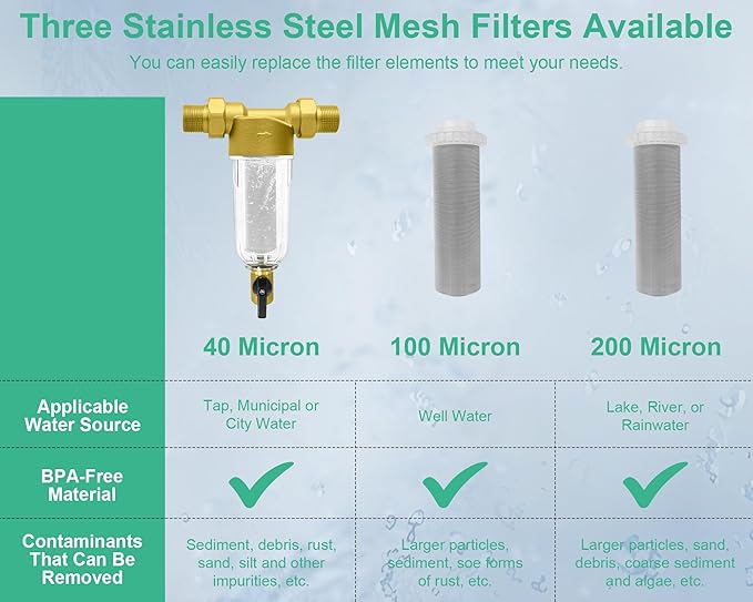 40/100/200 Micron Spin Down Sediment Filter, Pre-Filtration System for City/Well Water, Reusable Brass Whole House Sediment Water Filter, 1'' MNPT + 3/4'' FNPT + 3/4'' MNPT