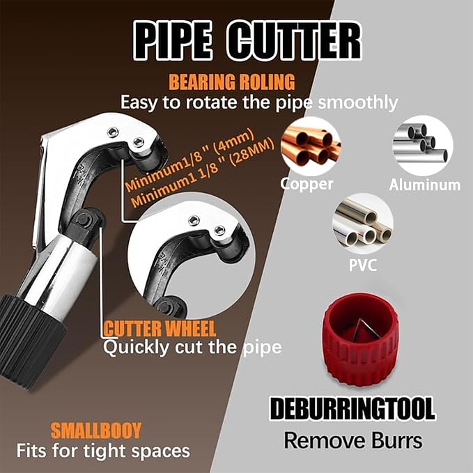 Flaring Tool Kit, Flare Tool HVAC, Copper Pipe Flaring Tool | 1/4''-3/4'' and 6-19mm 45° Eccentric Single Flare Tool with Tubing Cutter. For HVAC, Air Heaters, Refrigerators Maintenance