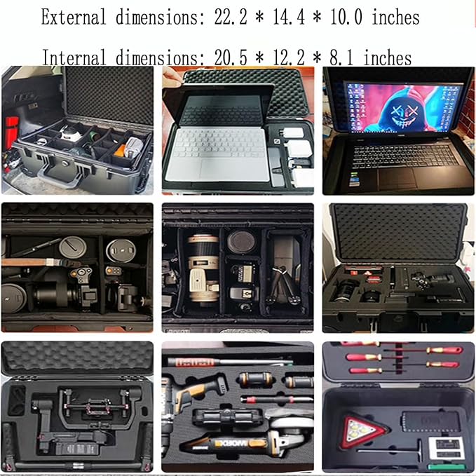 22" L x 14" W x 9" H Large Hard Case with Foam, Portable Rolling Hard Case with Wheels, Waterproof Shockproof Dustproof, Suitable for Cameras, Lenses, Camcorder, Instrument, Telescopes