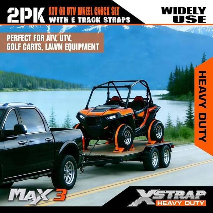 XSTRAP STANDARD Wheel Chock E-Track Tie Down Straps Kit, 4 Pack 2" x 9FT Over-The-Tire Ratchet Straps with Steel Wheel Chocks, 1466 lbs WLL for ATV, UTV, Lawn Mower, Trailer Hauling, Orange