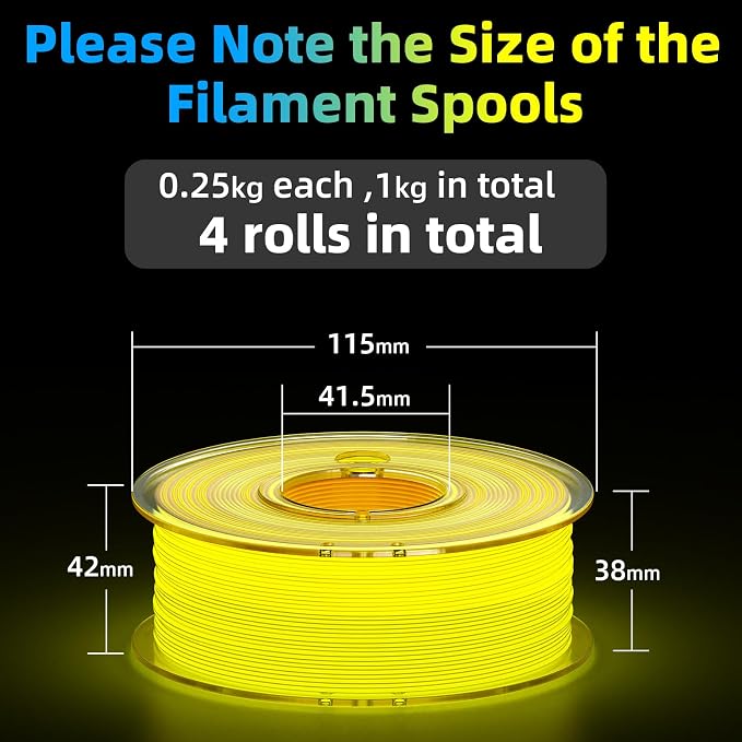 95A TPU 3D Printer Filament Bundle,Glow in The Dark Blue,Green,Orange,Yellow, Each Spool 0.25kg, 4 Spools,Total 1KG,Dimensional Accuracy +/- 0.05mm,Fit Most 3D Printers