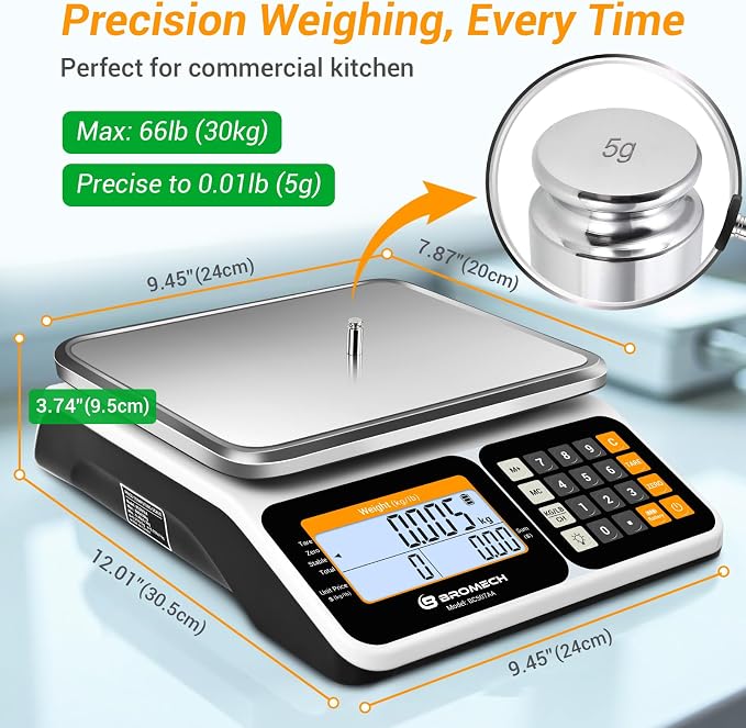 Commercial Food Scale 66lb/30kg, High Precision Digital Price Computing Scale for Farmers Marke, Deli, Dual Backlit LCD Display, Stainless Steel Platform, Rechargeable Battery for Produce Meat