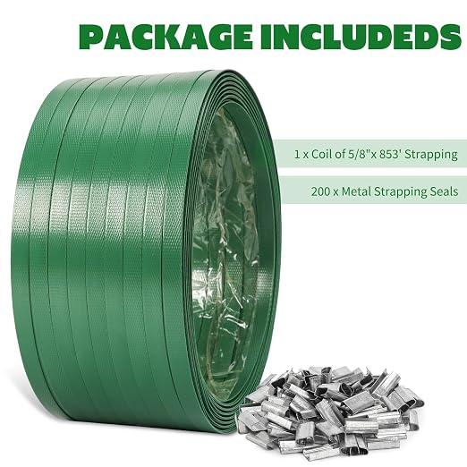Heavy Duty Packaging Strapping Banding Roll - Green Polyester PET Industrial-Grade, 850' x 5/8" x 0.035" Pallet Strap Coil - 1400 lbs Break Strength Packaging Strapping Banding for Packing