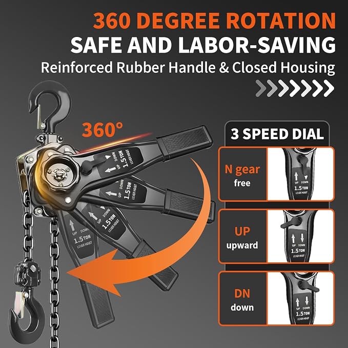 Manual Lever Chain Hoist 1.5 Ton 3300 lbs Capacity 10 FT Come Along, G80 Carbon Steel with Double-Pawl Brake,360° Rotation Hook, for Garage Factory Dock (Lever Chain Hoist 1.5T/3m)