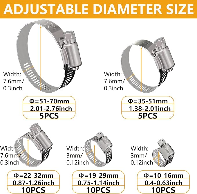 40 Pack Adjustable Stainless Steel Hose Clamps, 10-70mm Worm Gear Duct Pipe Clamp, Heavy Duty Metal Fuel Line Radiator Hose Clamps Kit for Plumbing, Automotive, Industrial, Garden, Indoor&Outdoor Use