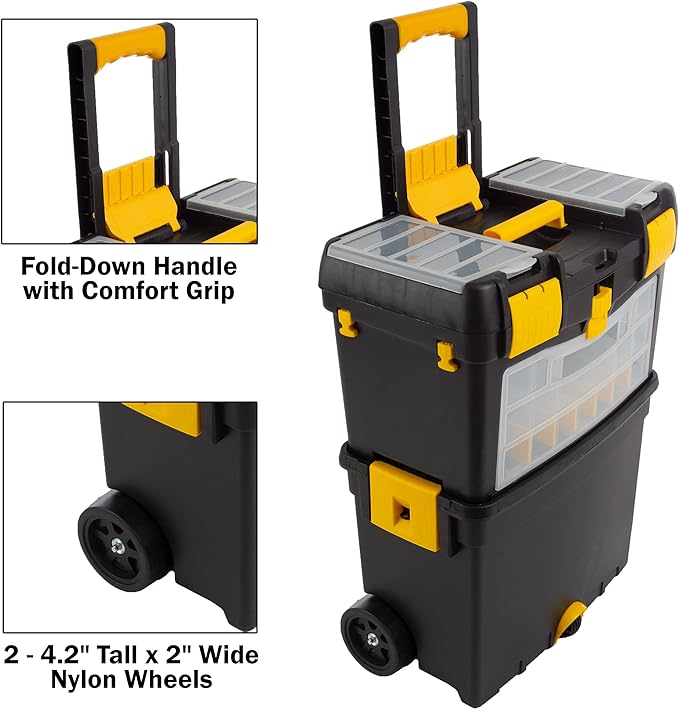 Rolling Tool Box with Wheels, Foldable Comfort Handle, and Removable Top – Toolbox Organizers and Storage by Stalwart