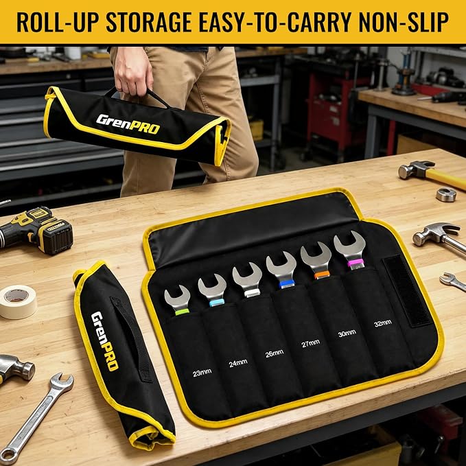 GRENPRO 23-32MM Large Metric Wrench Set, Combination Open End Wrench Sets | Color Rings, Roll Up Pouch, CRV Steel, Nickel Rust-Proof Coating, Free Gauge for Quick Size Matching