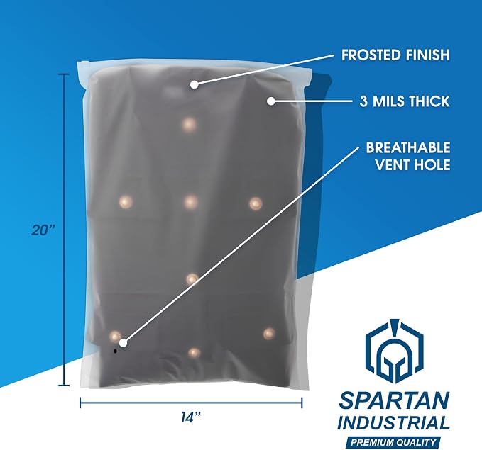 Spartan Industrial - 14” X 20” (250 Count) 3 Mil Frosted Reclosable Zip Plastic Bags with Resealable Lock Seal Zipper and Vent Hole | For Packaging Clothes, Shirts & More