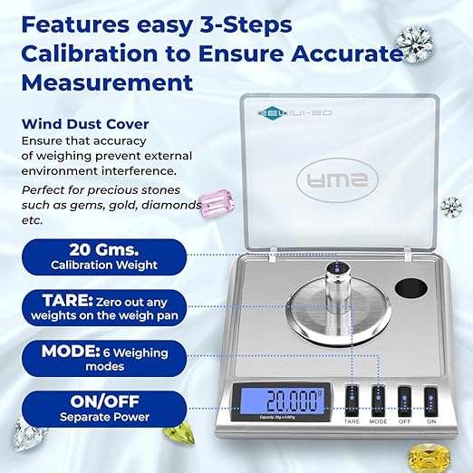 AWS Gemini-50 Milligram Scale 50g x 0.001g–Digital Jewelry/Lab Scale for Powder, Gold, Gems – Includes Calibration Weights, Tweezers & Tray–Tare, Cal, 6 Units (Gemini-50g-Silver)