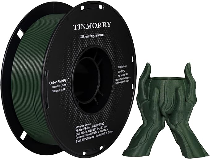 TINMORRY Carbon Fiber PETG Filament 1.75 mm, High Rigidity & Strength PETG CF 3D Printer Filament, Compatible with Most FDM 3D Printers, 1 KG 1 Spool, Olive Green