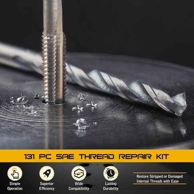 Helicoil Thread Repair Kit, SAE 131-Piece - Including 1/4", 5/16", 3/8", 7/16", 1/2"- with HSS Drill Bits, Thread Inserts, Taps, Installation Tools and Breakoff Tools
