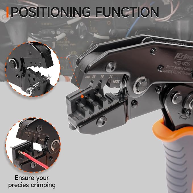 iCrimp Ratchet Crimp Tool for Deutsch DT 16 Stamped Contacts | Fits 14-18 AWG wire, precise positioning, IWS-16DS crimper, open barrel crimp, for automotive wiring repair