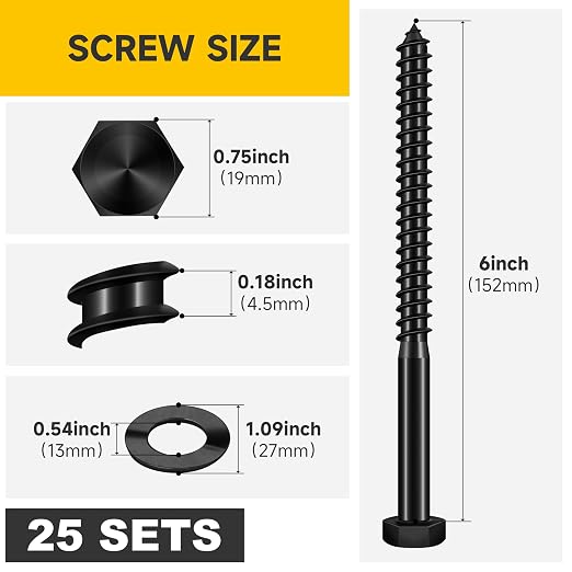 Mywish (25Sets) 1/2" x 6" Lag Bolts, 304 Stainless Steel 1/2 inch Lag Screws Bolts for Wood, Heavy Duty Hex Head with Flat Washers Bolt Kit, Black Oxided