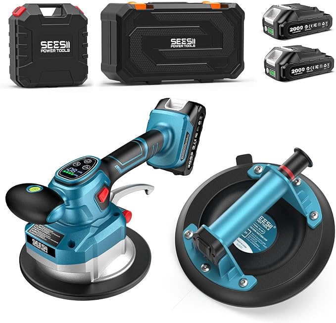 Tile Vibration Tool with 8" Suction Cup Kit for Laying and Lifting Tile | 145mm Tile Vibrator, 10 Speeds, 18000 r/min, 2 x 2000mAh Batteries, 220/450 lb Suction, For 6-48 in Floor and Wall Tiles