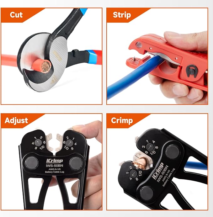 iCrimp Battery Cable Lug Crimping Tool for 8, 6, 4, 2, 1, 1/0 AWG Copper Cable Lugs, with Wire Cutter and Stripper, Battery Terminal Crimper