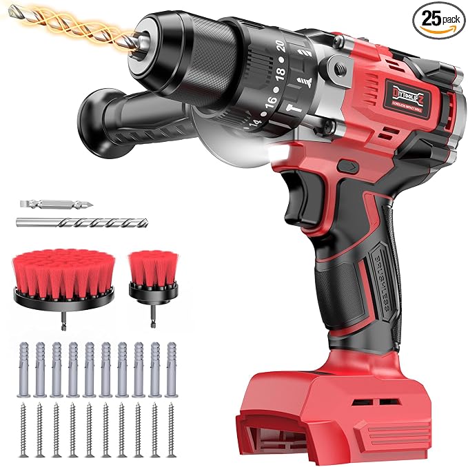 DIYtoolifz Cordless Drill Set Compatible with Milwaukee 18V Battery (Tool Only) 20+3 Torque Setting Power Drill Driver Set, 1/2 Inch Keyless Chuck Brushless Compact Driver Drill Kit Tool