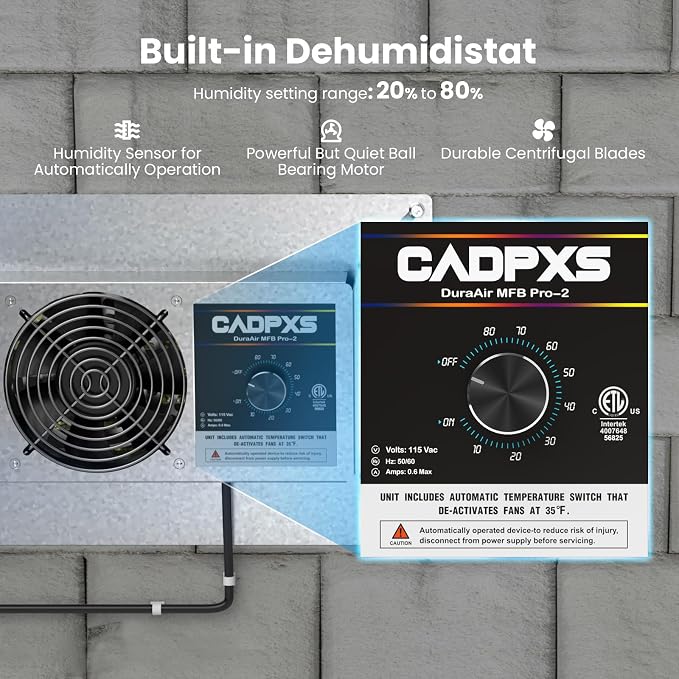 CADPXS Crawlspace Ventilation Fan, Crawlspace Fan Vent with Humidistat, Dehumidistat & Freeze Protection Thermostat, for Crawl Spaces/Basement/Garage/Attic/Hydroponics Grow Tents (220 CFM Air Out)
