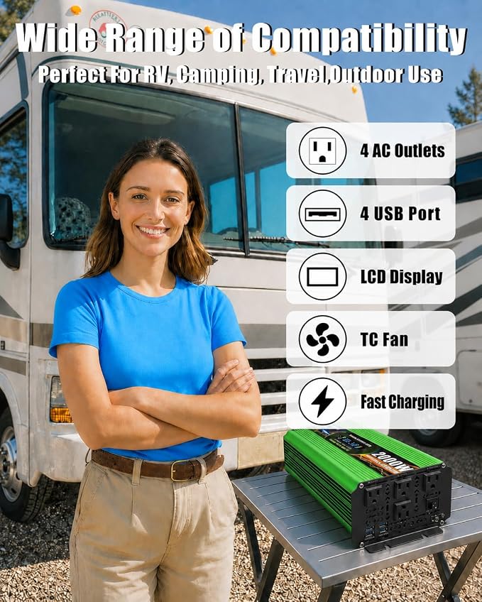 2000 Watt Pure Sine Wave Inverter, DC 12V to 120V AC Power Inverter for Vehicle, RV, Truck, Off-Grid, Car Power Inverter with 4 AC Outlet, 5V/3.1A USB, Surge 4000W