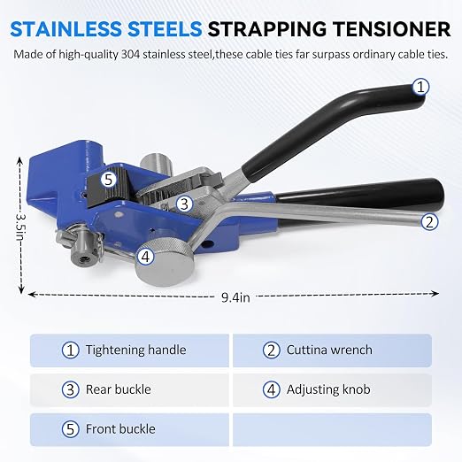 Stainless Pallet Strapping Kit，Metal Strapping Tool，Steel Trapping Tool Combines，The 304 Steel Strapping Banding Kit Includes 100 Metal Buckles & a Pair of Anti-Cut Gloves，Cable Ties 100 feet Long×2