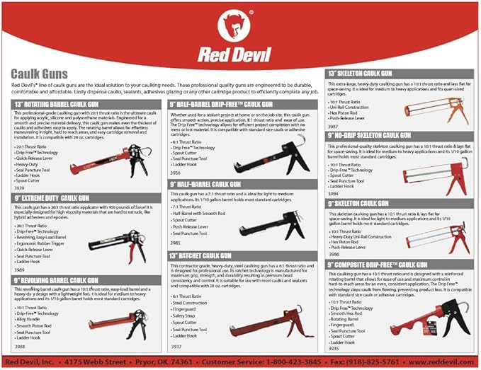 Red Devil 3989 9" Extreme Duty Caulk Gun - Thrust Ratio 26:1 & 0826 100% Silicone Sealant, Clear