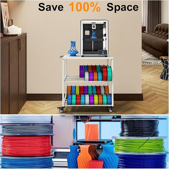 Demao 3D Printer Filament Storage Rack, 3-Tier 3D Printer Cart with Lockable Universal Wheels,Heavy Duty Metal 3D Filament Storage Rack for 3D Printing Filaments-White